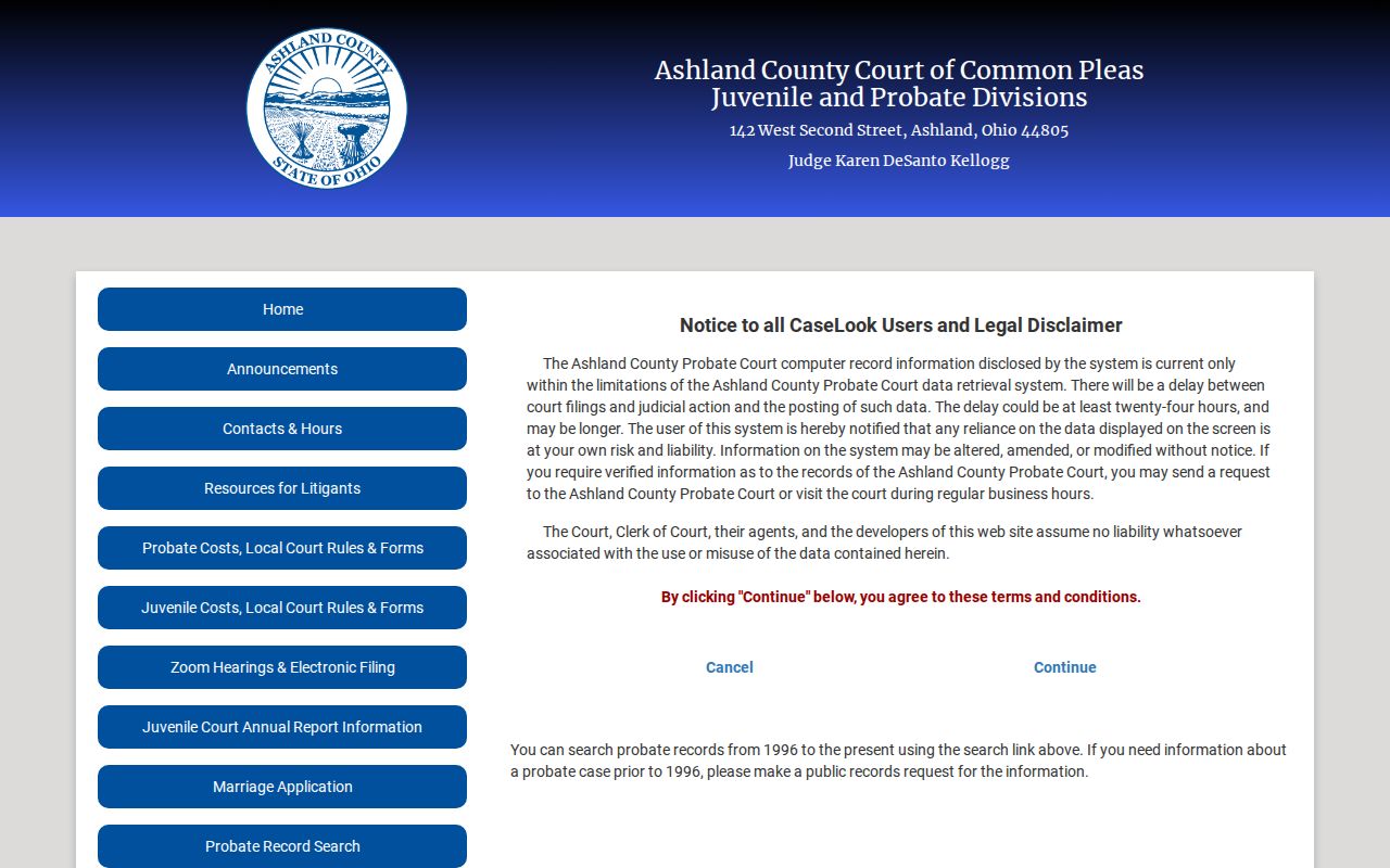 Ashland County case lookup: Probate CaseLook agreement and coverage notice
