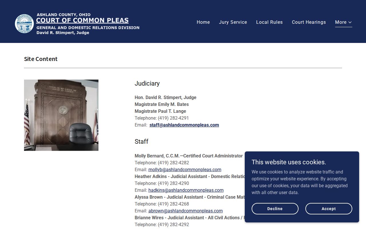 Ashland County civil docket Common Pleas staff contact page for court channels