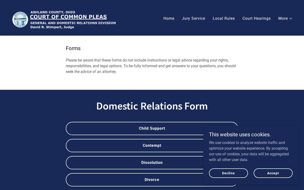 Ashland County civil docket Common Pleas forms page and local rules access