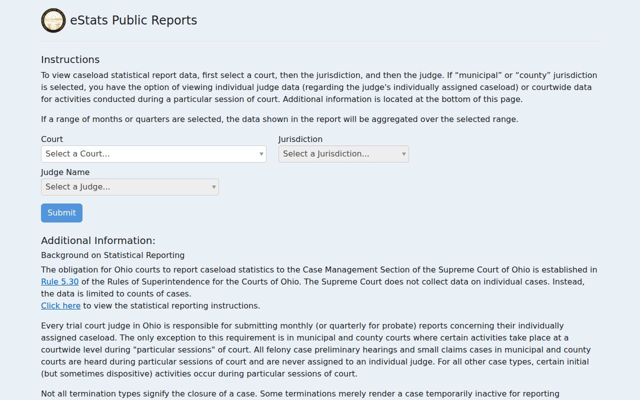 Ashland County civil docket Ohio eStats public court statistics entry screen