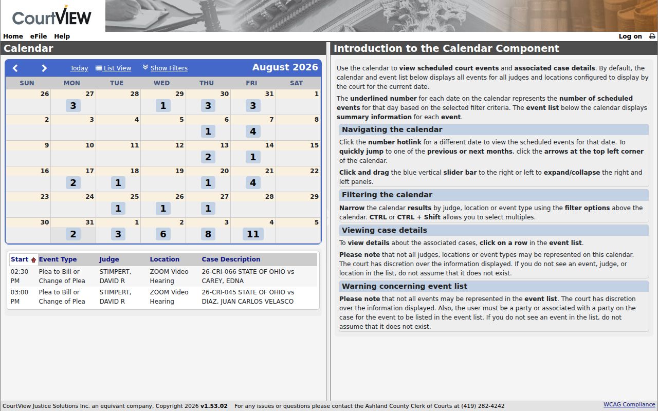 Ashland County court dates Common Pleas Court Calendar entrance screen