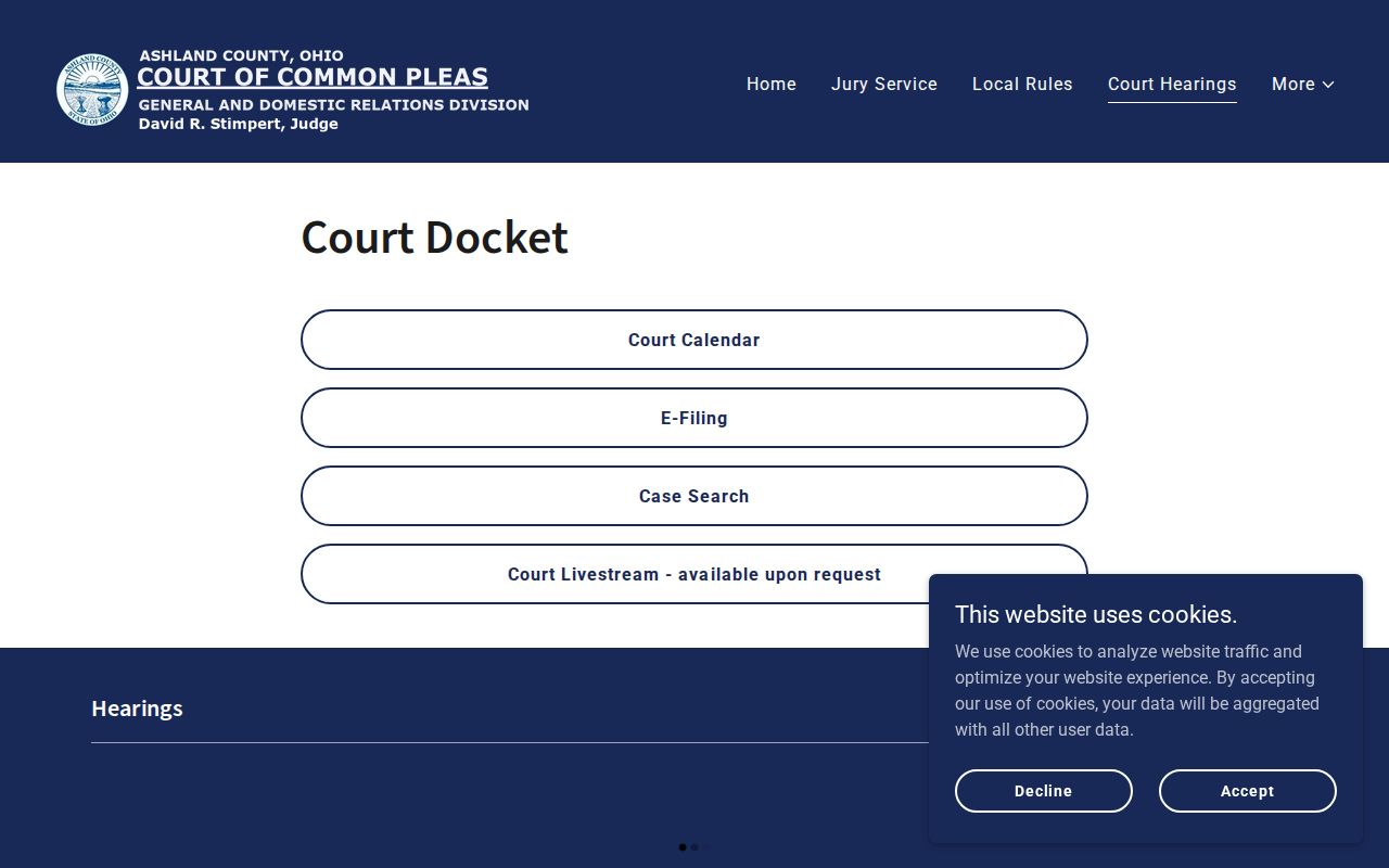 Ashland County court dates Common Pleas hearing page with calendar and case search links