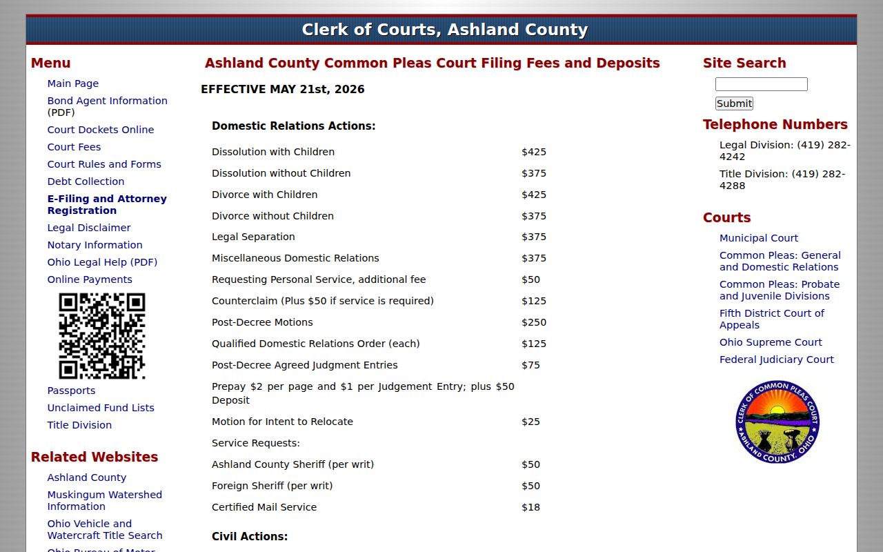 Ashland County Clerk copy and certification fee schedule