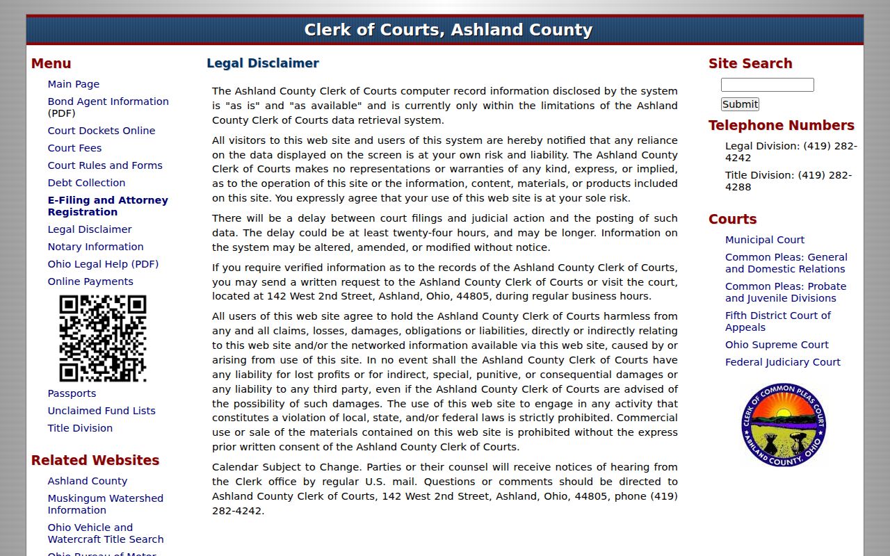 Ashland County Clerk online record disclaimer and verification guidance