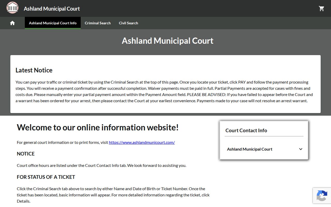 Ashland County criminal docket search on the Municipal Court GovRec criminal search screen