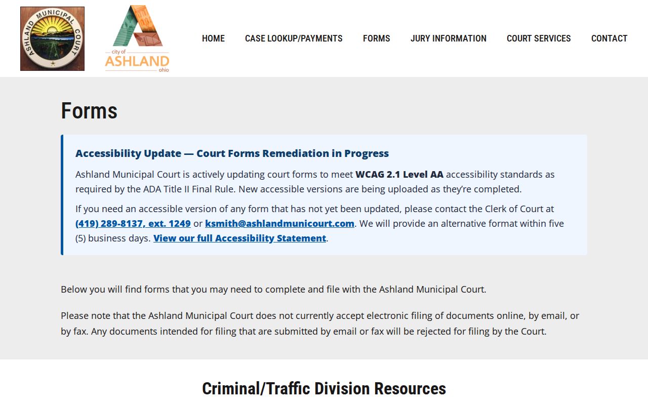 Ashland County criminal docket Municipal Court forms page with filing restriction information