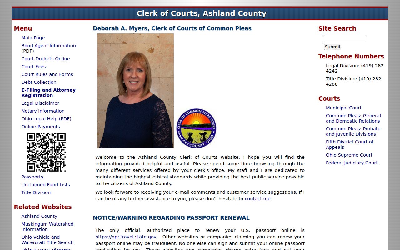 Ashland County court docket: Clerk of Courts identity, courthouse address, and division links.