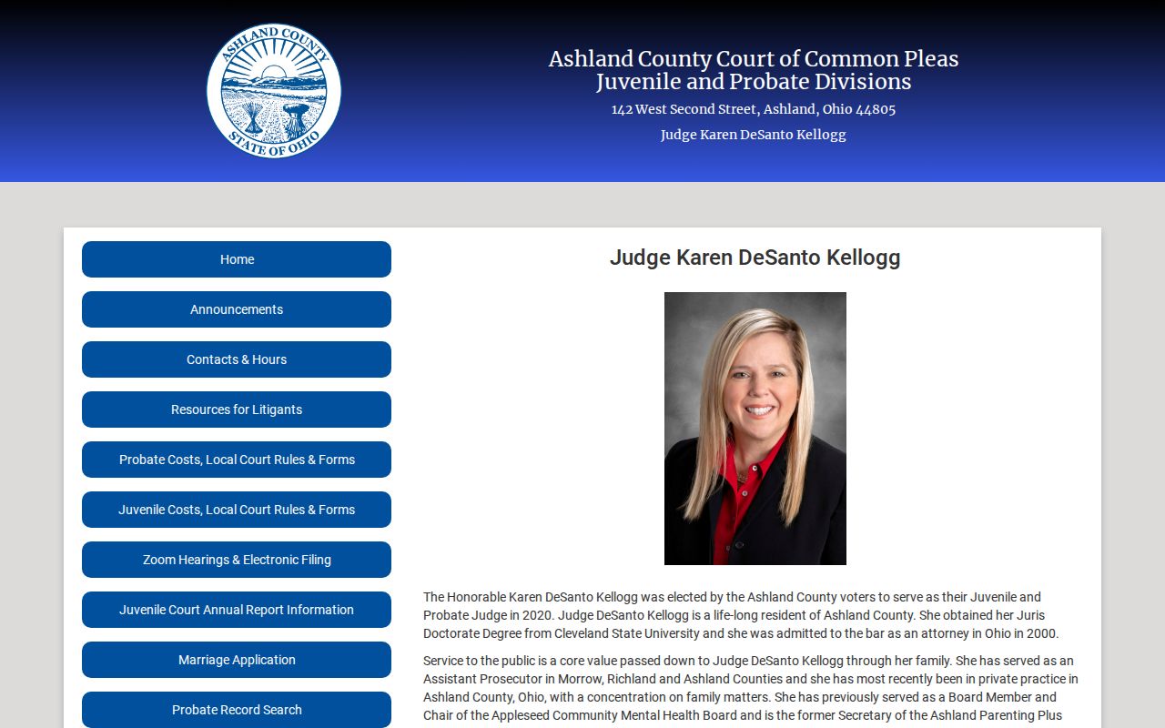 Ashland County court docket: Probate/Juvenile court entry and public-service links.