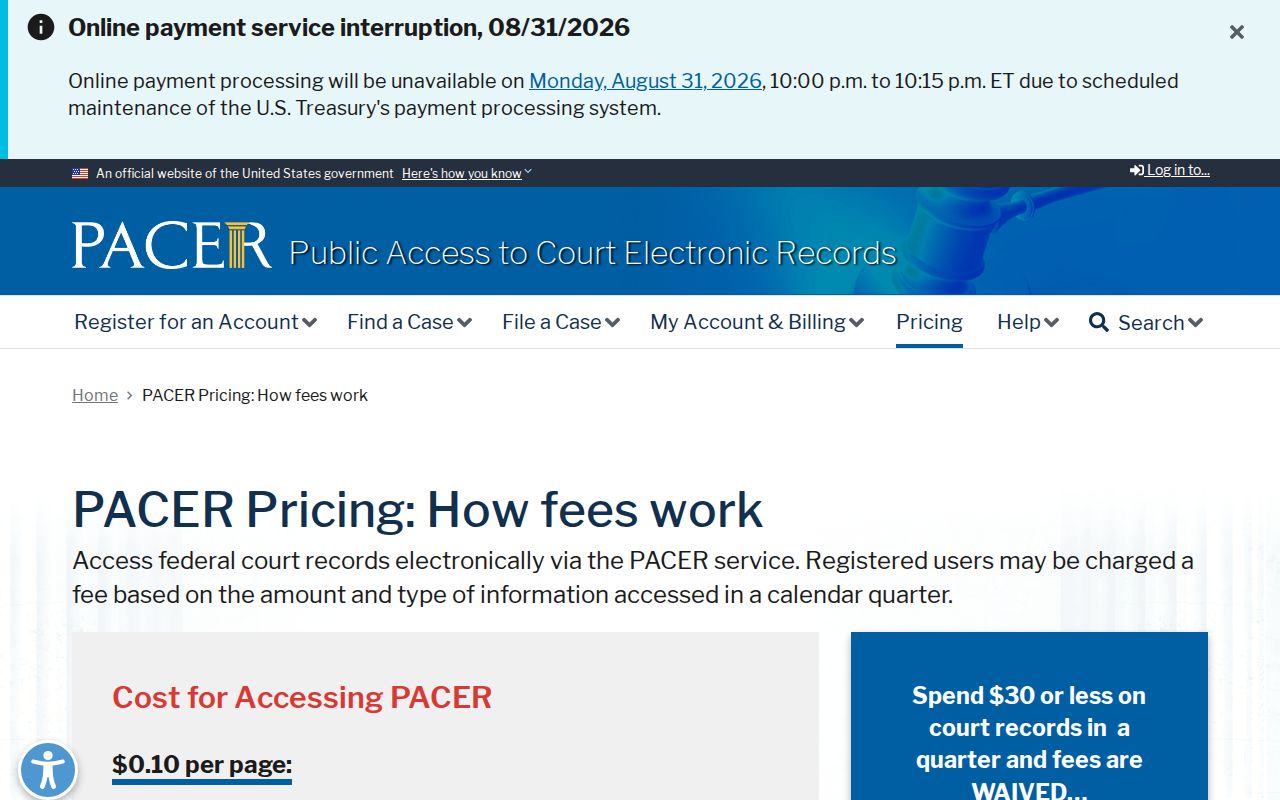 Ashland County court docket: PACER fee and quarterly-waiver explanation.
