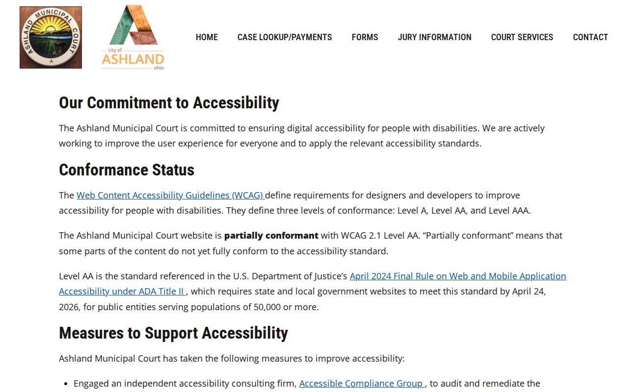 Ashland County traffic court records: GovRec accessibility and clerk assistance notice